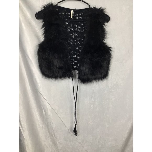 Women's Top Shop Faux Fur Open Knit Black Vest Tie Bottom Small - Picture 2 of 8